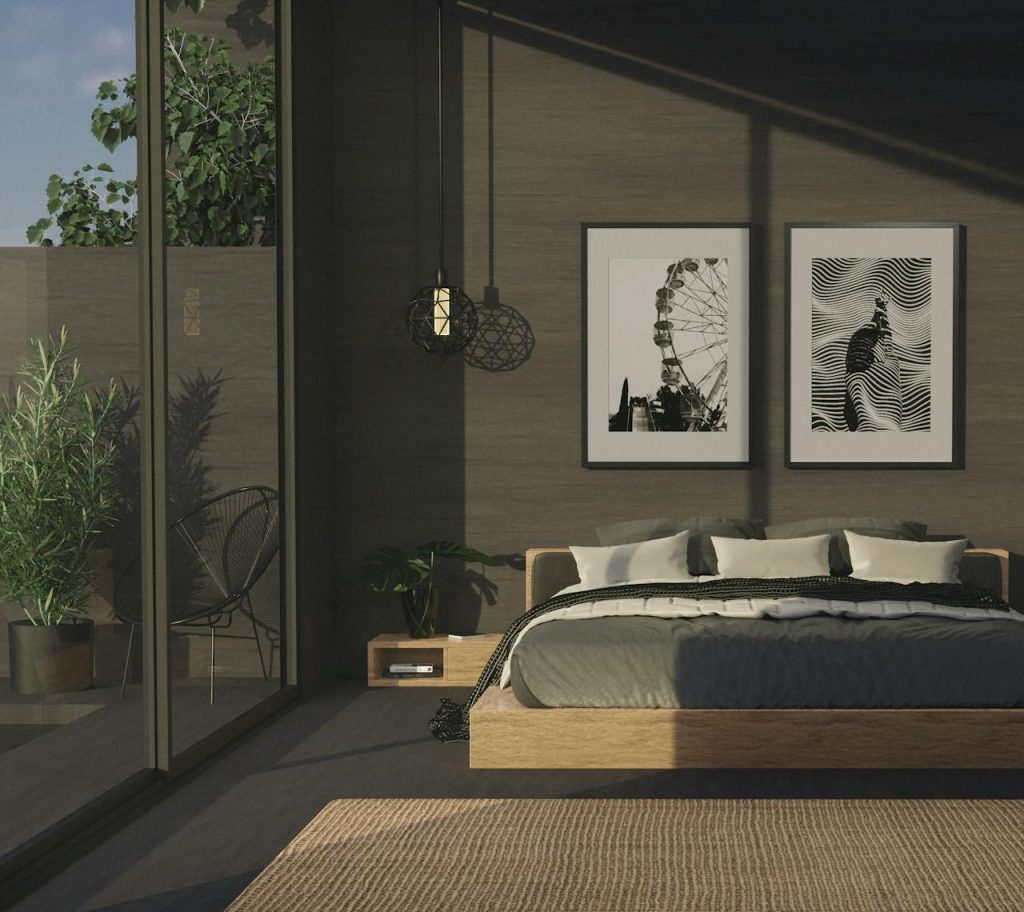 white-and-black-bed-linen-5923080 Elegant bedroom featuring minimalist design, large windows, and artistic decor.